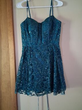 Blondie Nites Teal Sequin Mini Dress with Spaghetti Straps